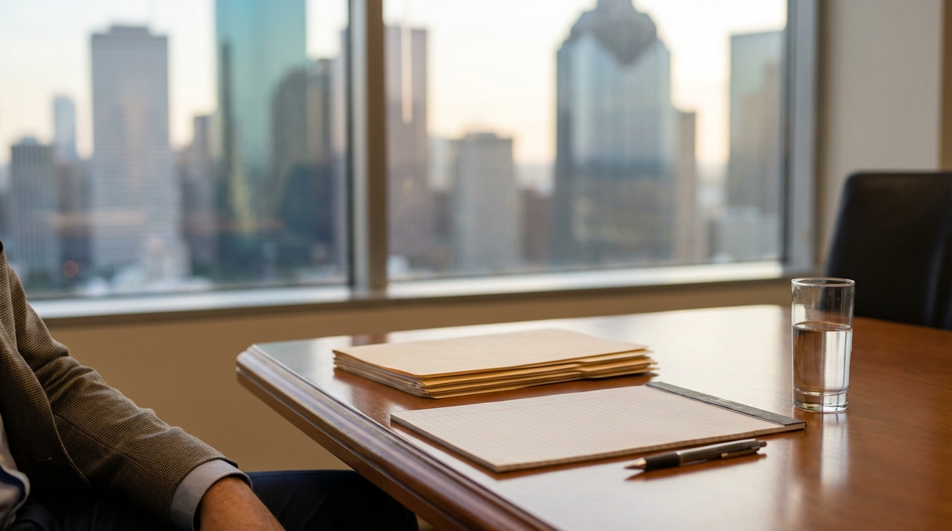 professional woman in business attire standing confidently in office setting
