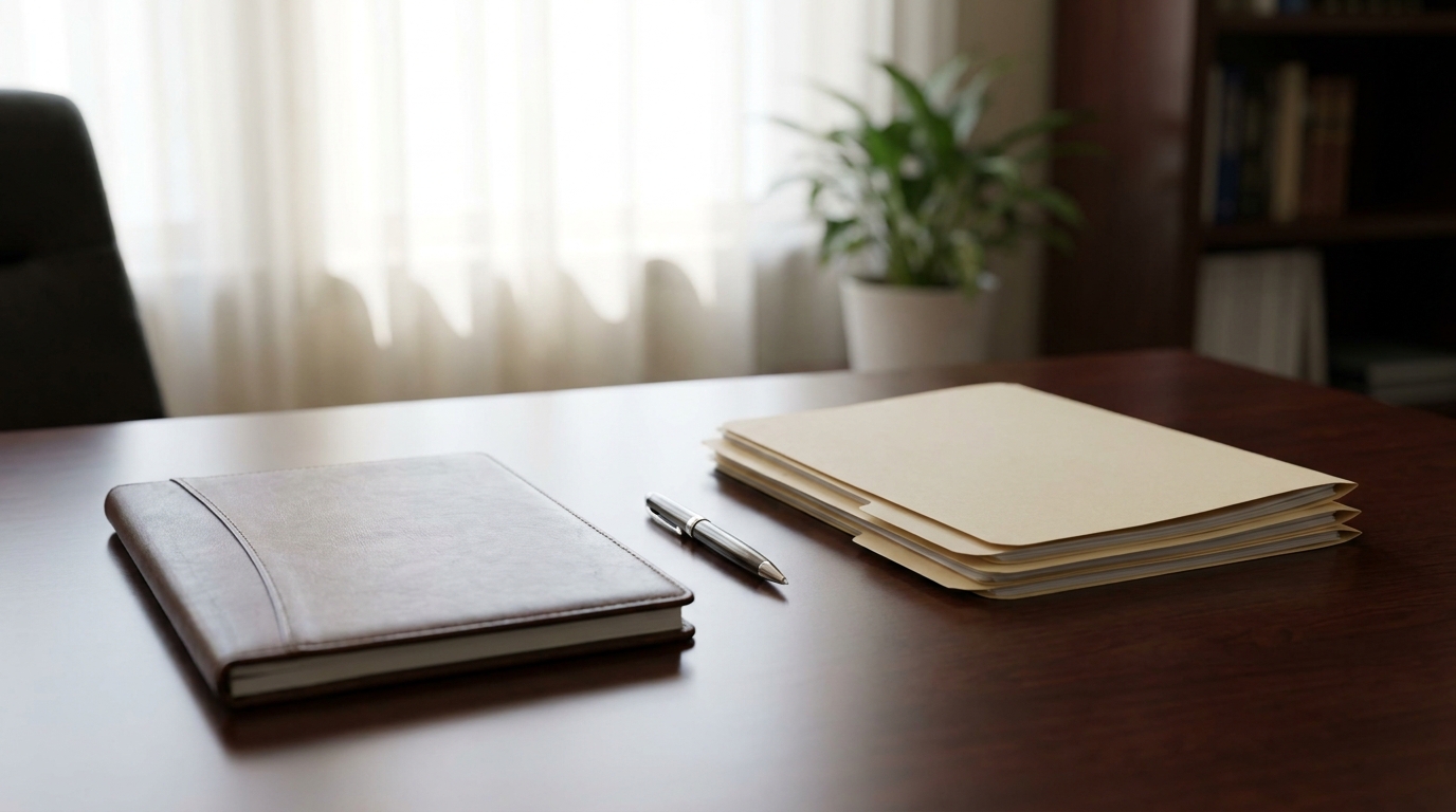 Comparative Fault Semi-Truck Accident Columbus Mississippi Closed notebook, pen, and stacked file folders on law office desk
