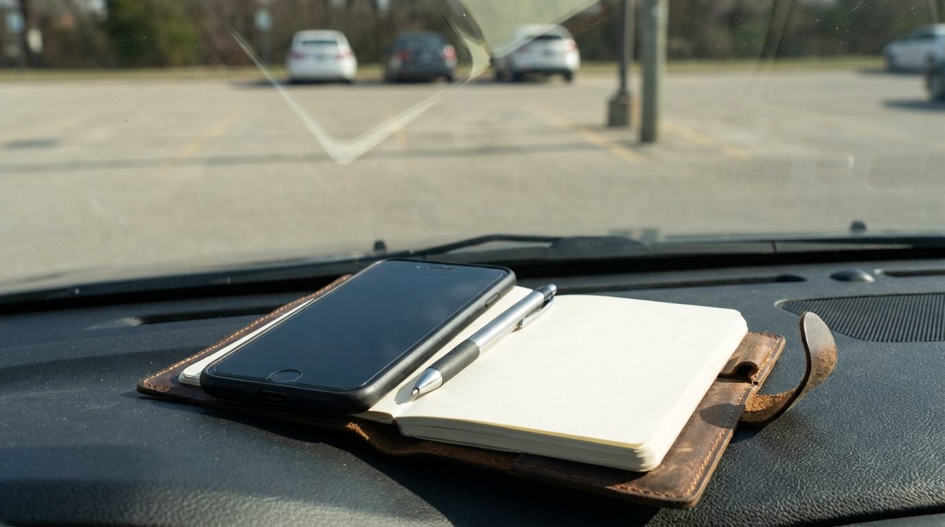 Memphis Car Accident Aftermath First 24 Hours Smartphone, pen, and open notebook resting on vehicle dashboard in parking lot