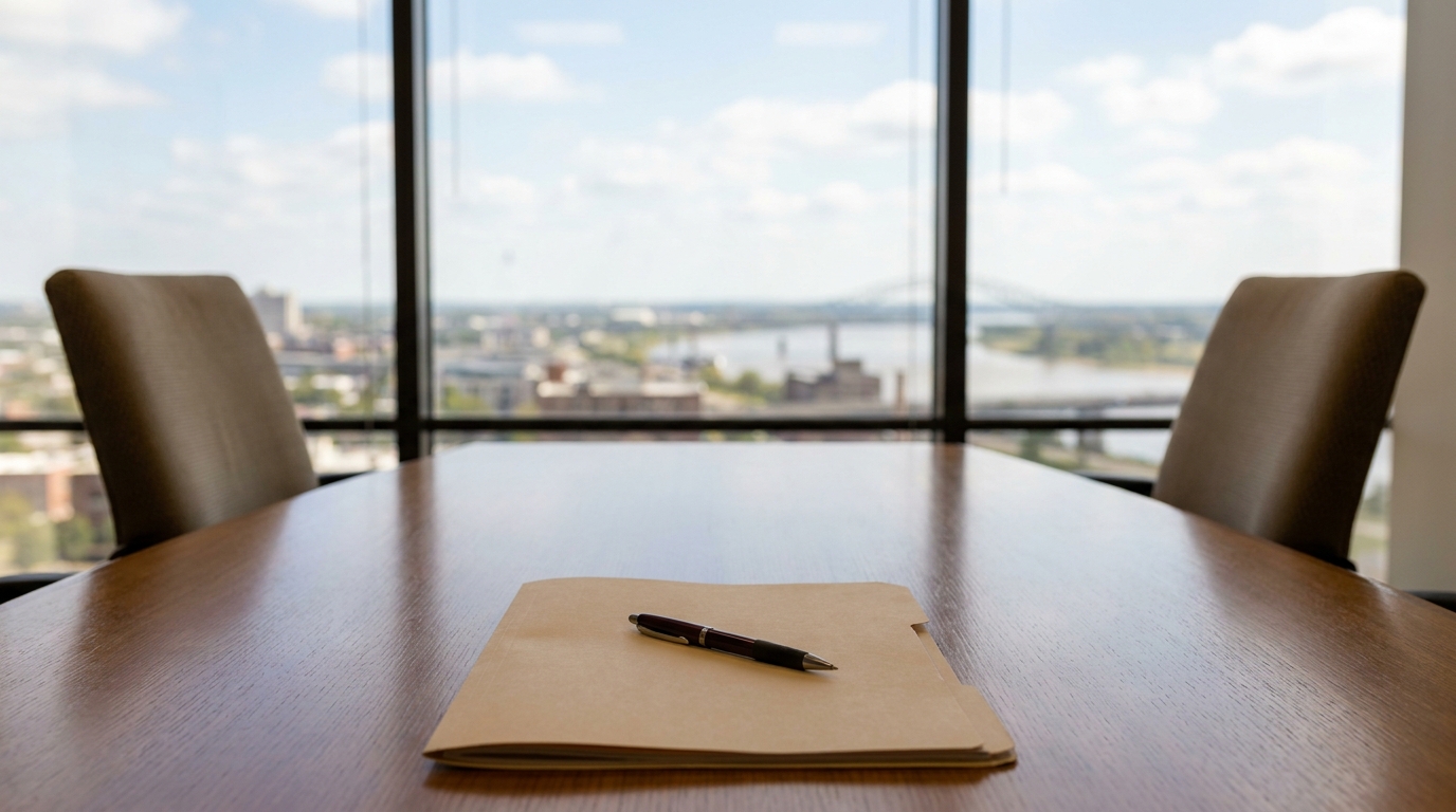 Modified Comparative Fault Memphis Car Accident Claim Manila folder and pen on conference table beside office window view