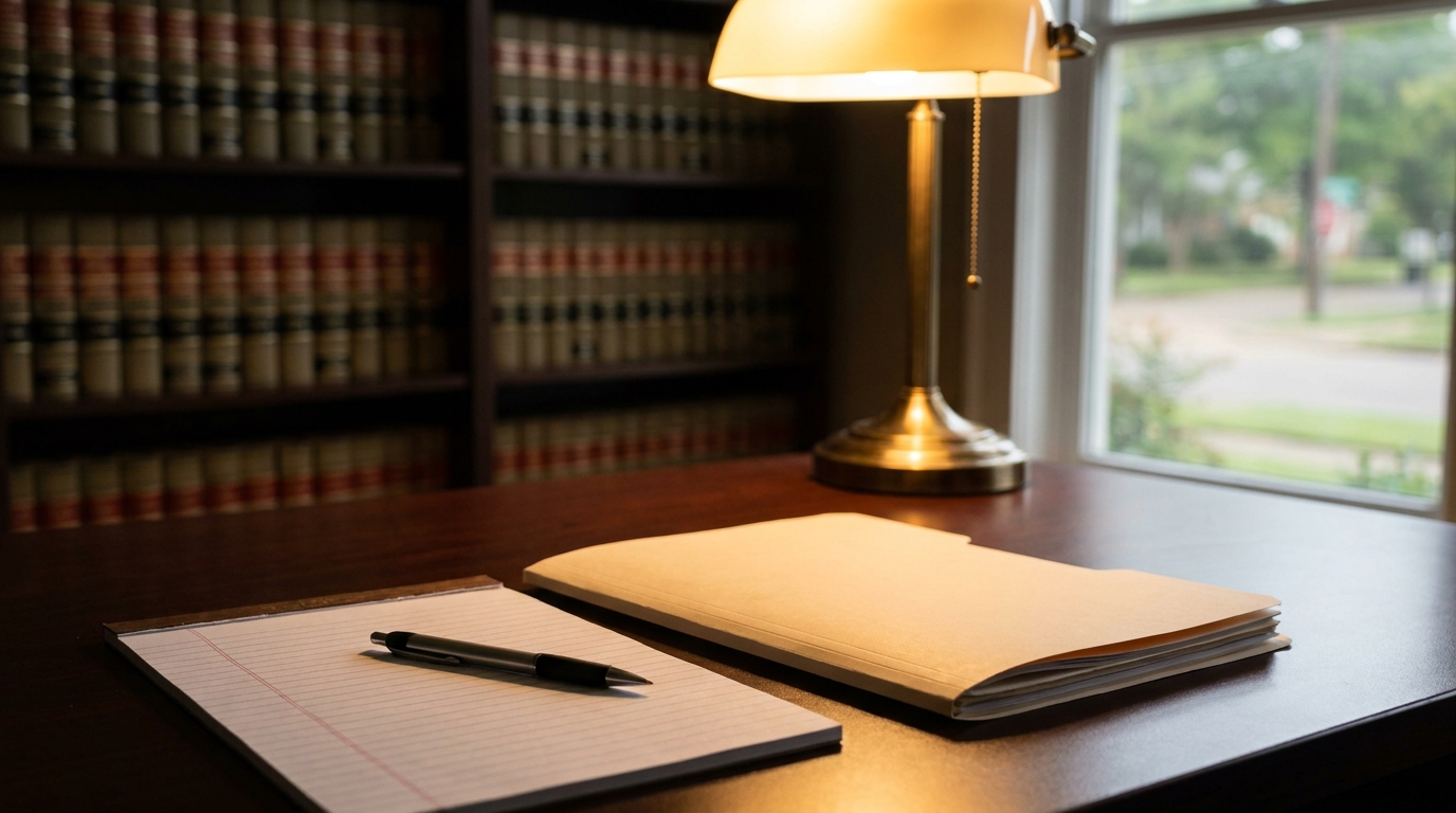 Pure Comparative Negligence Columbus MS Auto Accident Case Trophy on stack of law books beside gavel and courthouse columns