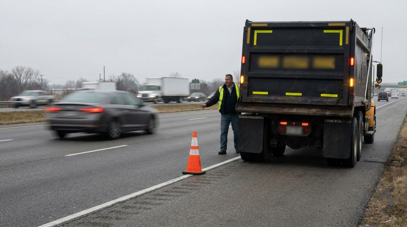 18 Wheeler Accident on Memphis I-40 Tennessee Dump truck stopped on highway shoulder with traffic cone and standing worker