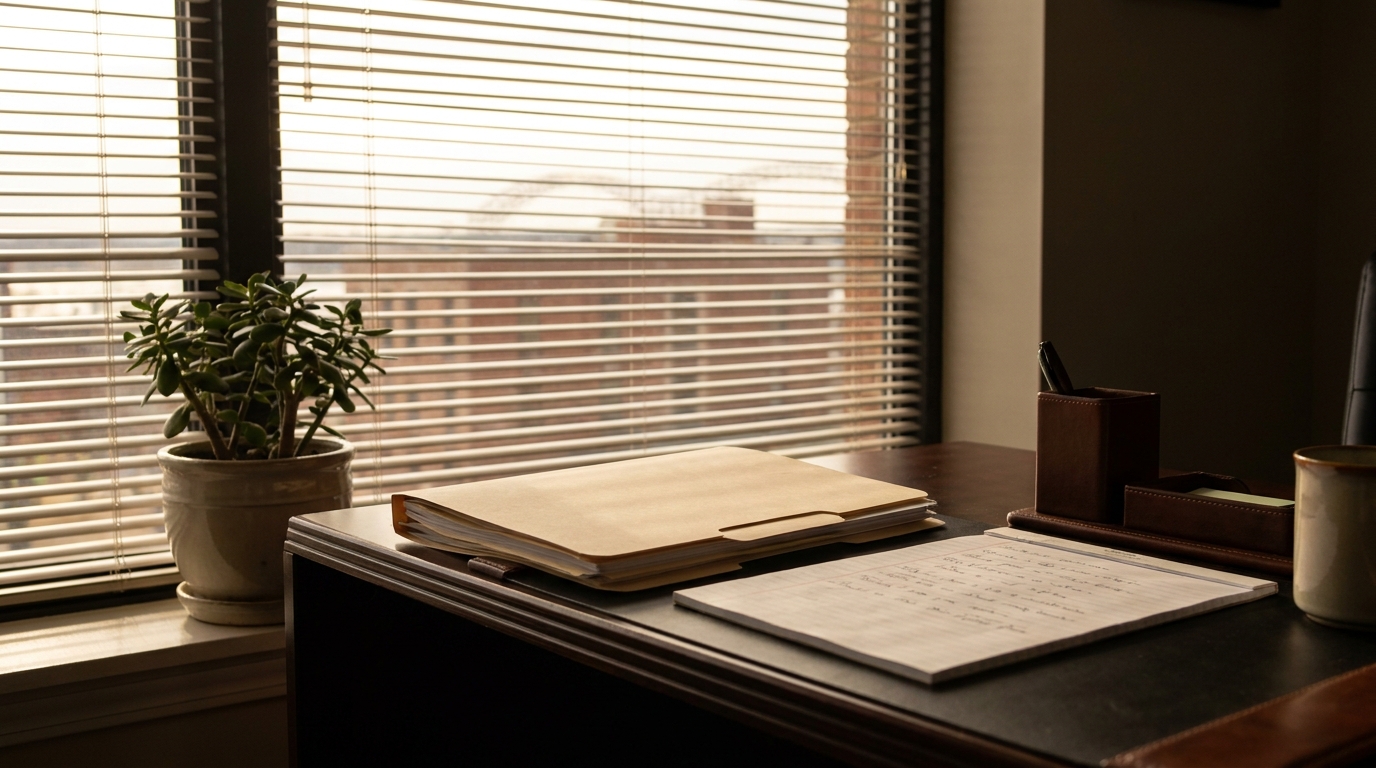 Maximum Medical Improvement Spinal Cord Injury Memphis Tennessee Office desk with legal folder, handwritten notes, pen holder, and window blinds