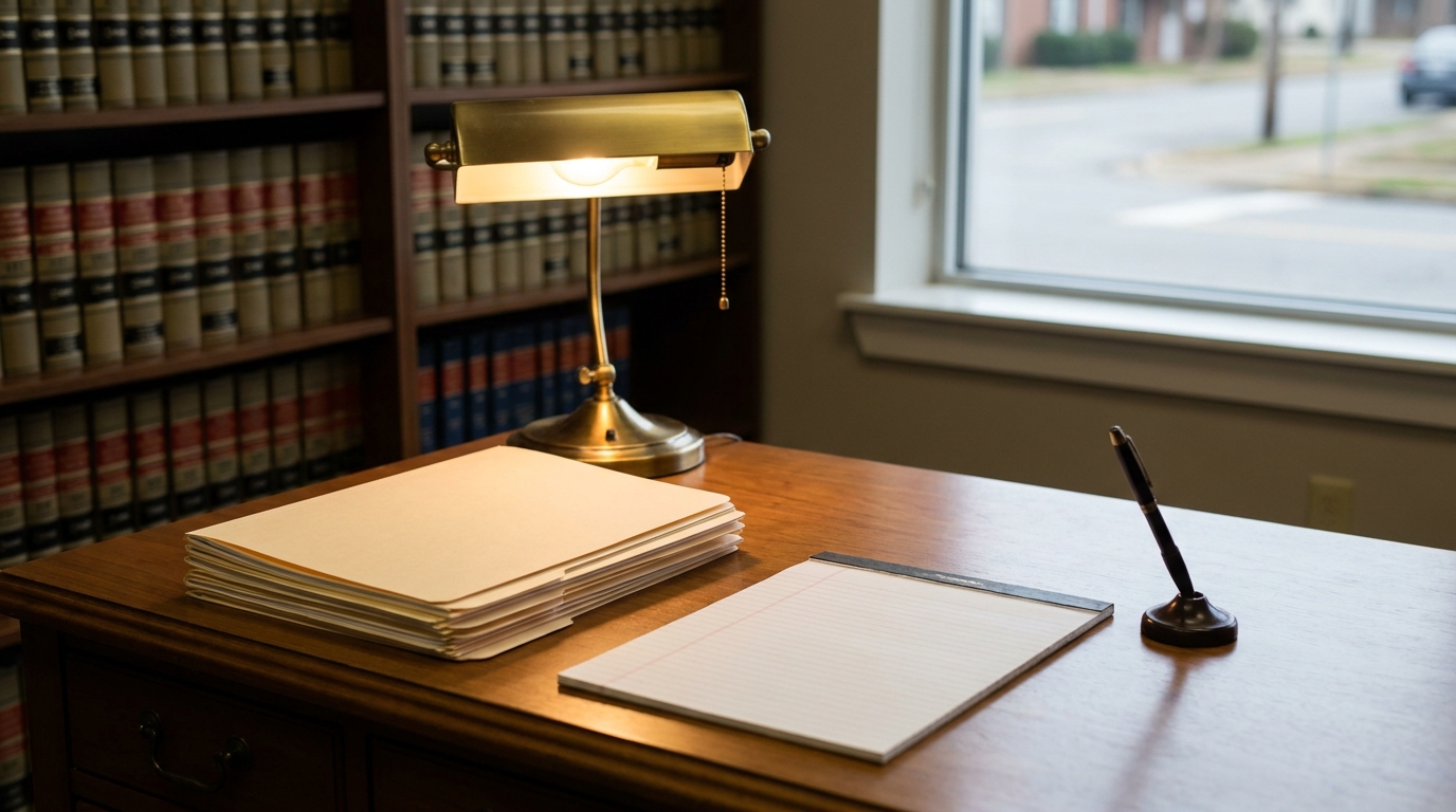 Catastrophic Injury Attorney Decatur Alabama Legal Help Desk with stacked file folders, notepad, pen stand, and law bookshelves