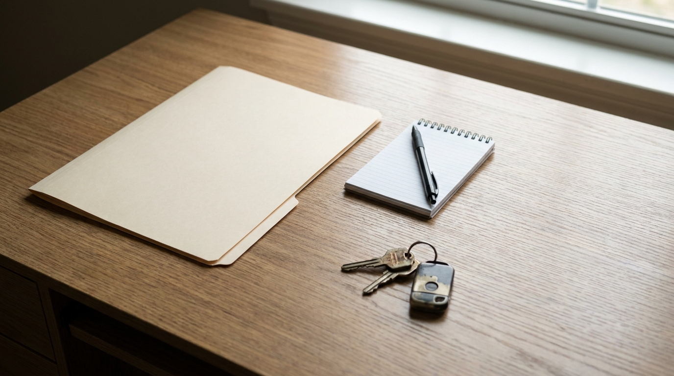 Tupelo Mississippi Pedestrian Hit By Car Accident 2026 File folder, notepad with pen, and house keys on office desk
