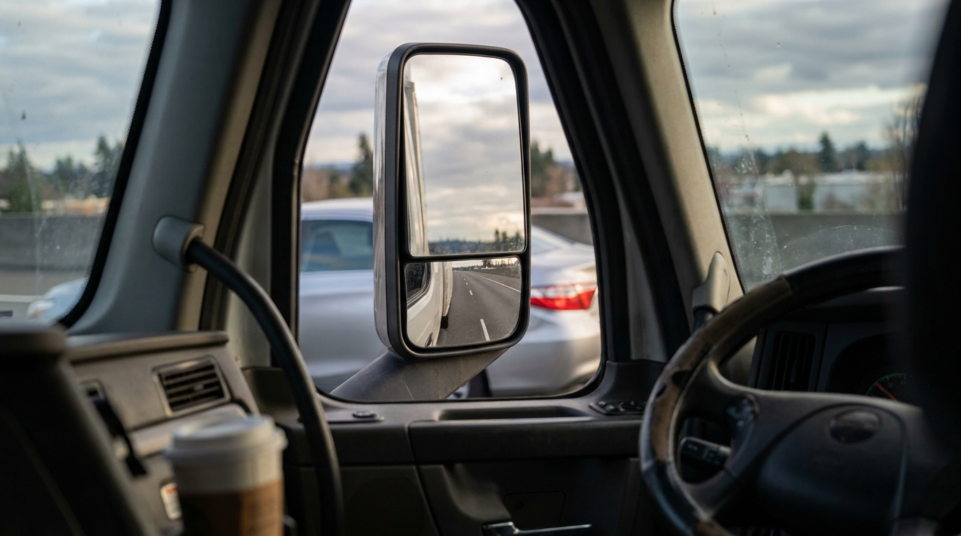 Truck side mirror reflecting highway lane beside nearby passing car