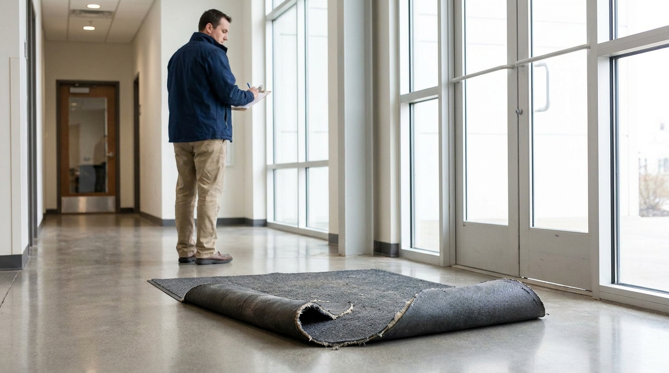Curled floor mat in hallway while man writes notes on clipboard