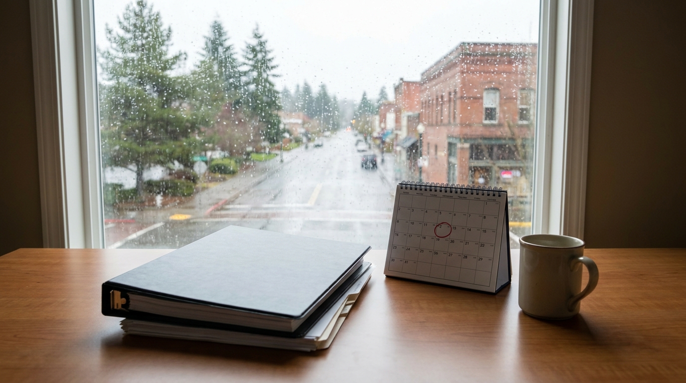 Desk with binder, calendar, and mug beside rainy street view through window