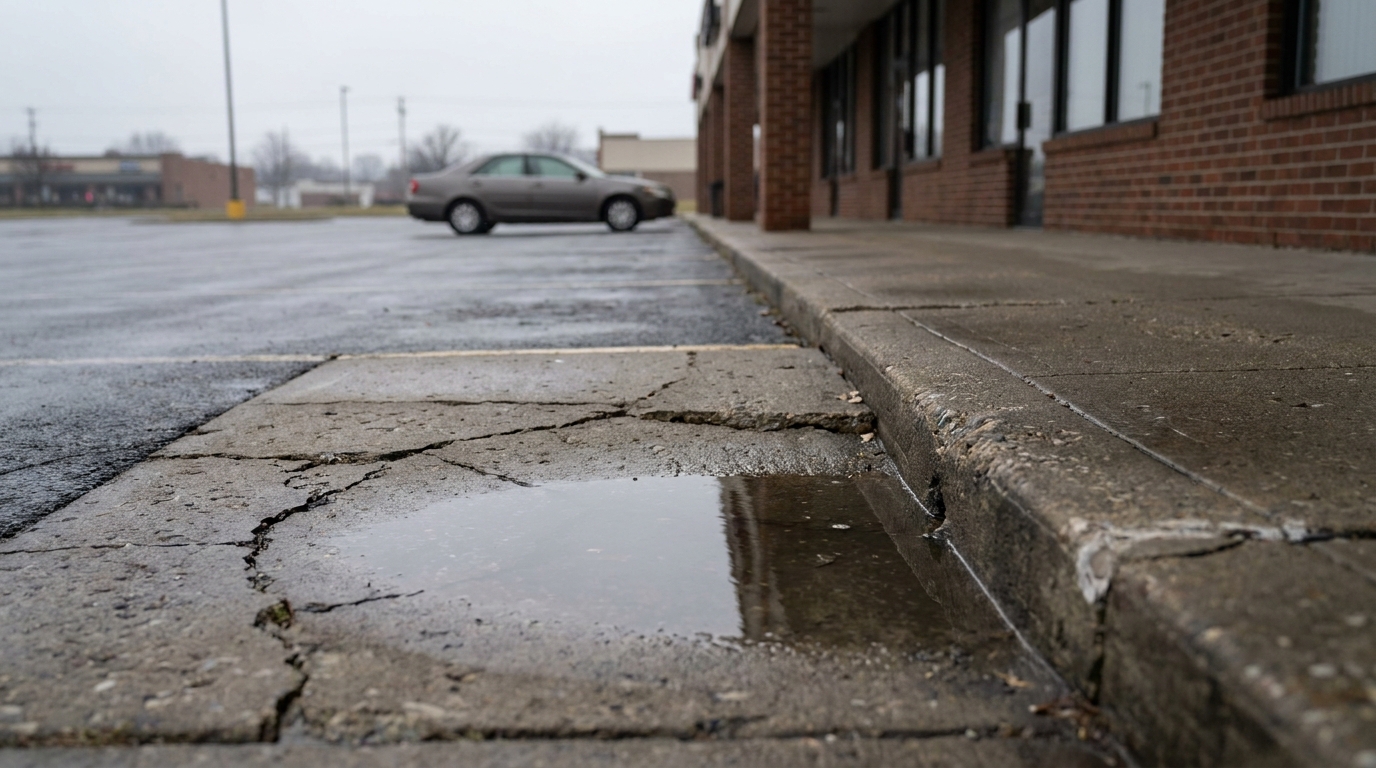 Cracked curb and puddle beside commercial sidewalk and parked car