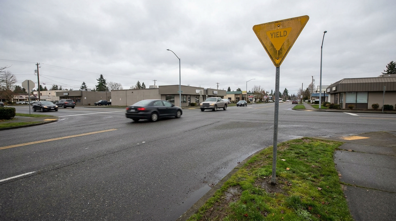 Failure to Yield Intersection Accident Richland Washington Yield sign beside multi-lane intersection with moving cars and commercial buildings
