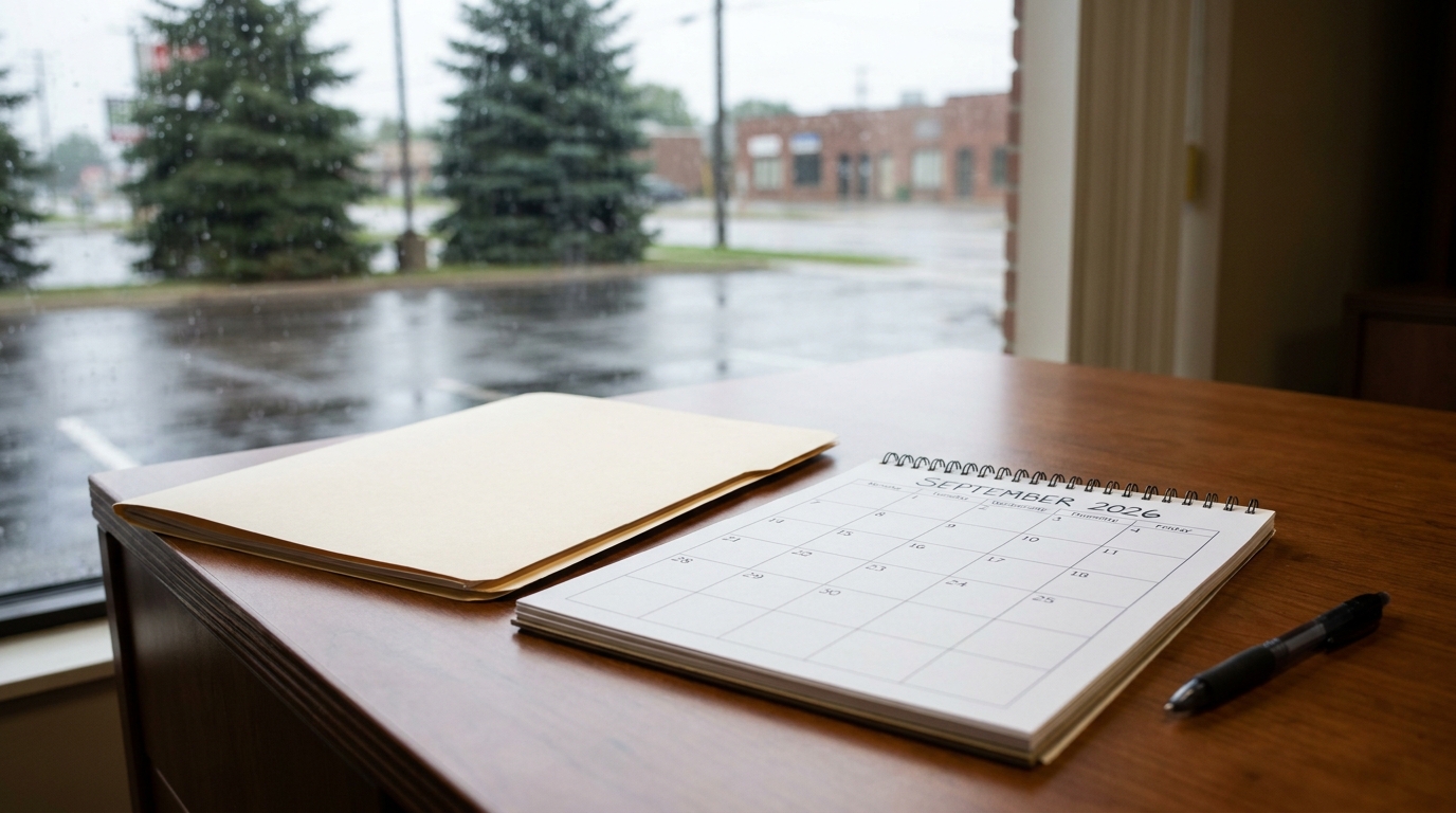 Bend Oregon Personal Injury Statute of Limitations Deadline 2026 September 2026 desk calendar, manila folder, and pen beside office window