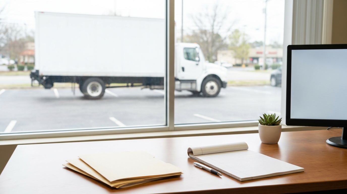Moving truck outside office window beside desk with files, notepad, pen, and monitor