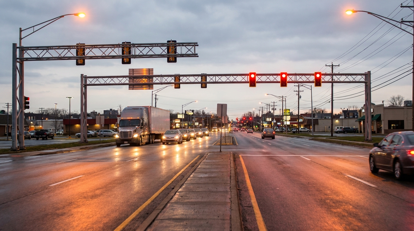 Semi truck and cars waiting at red traffic lights on multi-lane roadway