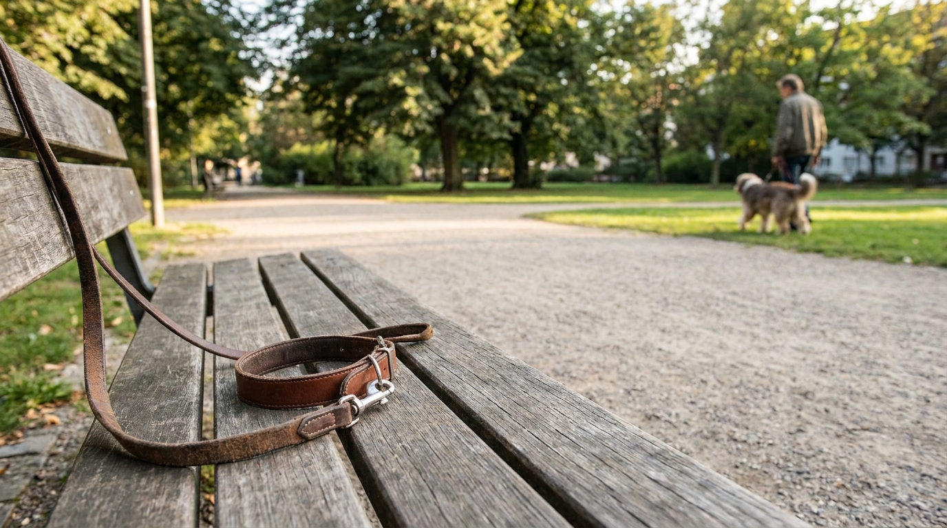 Dog leash resting on park bench beside walking path and distant dog owner