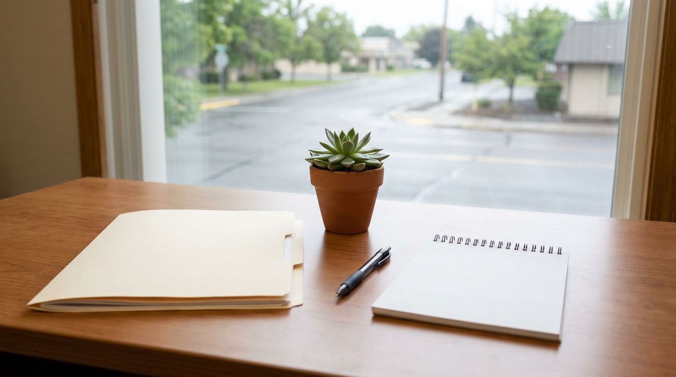 File folder, pen, notepad, and potted plant on office desk by window