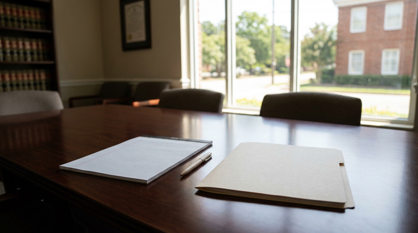 Semi-Truck Accident Damages Recovery Columbia South Carolina Legal pad, pen, and file folder on conference table in law office
