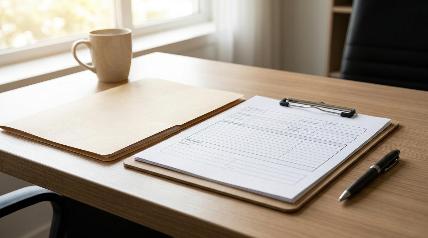 Orangeburg SC Police Accident Report Copy Process Clipboard with intake form, folder, pen, and mug on office desk