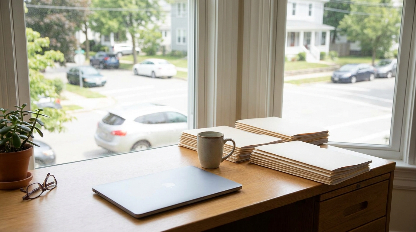 FMCSA Non-Domiciled CDL Rule Semi-Truck Crash Lexington SC Laptop, coffee mug, eyeglasses, and stacked folders on desk by office windows