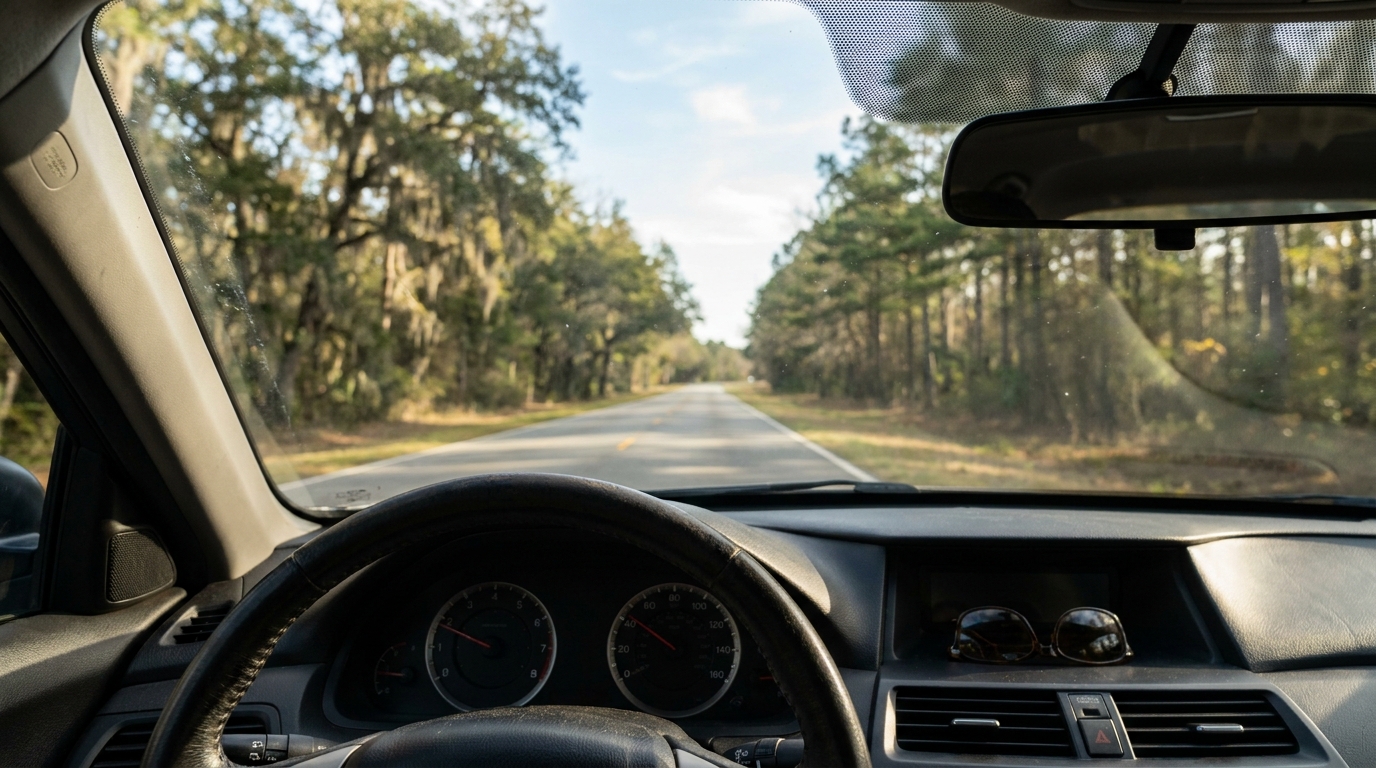 South Carolina Car Insurance Rates by Age View through car windshield showing steering wheel and empty two-lane rural road