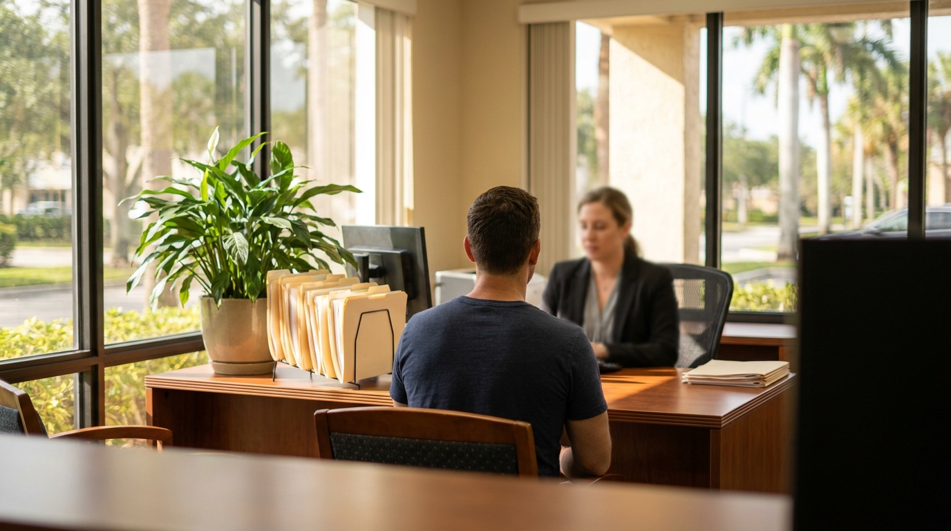 Slip and Fall Surgery Settlement The Villages FL Client seated across desk from attorney in office with file folders