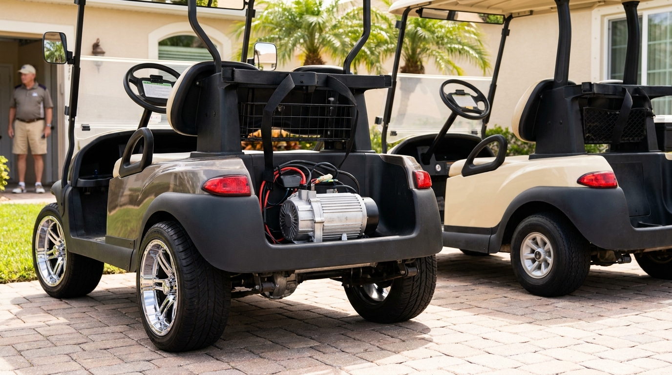 Golf Cart vs LSV Classification The Villages FL Two golf carts parked on driveway, one showing exposed motor compartment