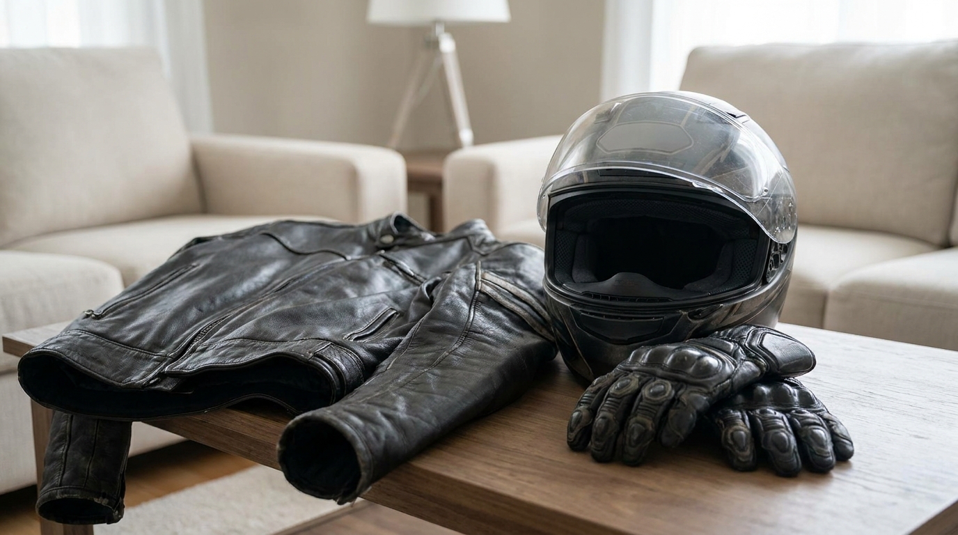 San Antonio Motorcycle Crash Scene After Accident Motorcycle helmet, leather jacket, and riding gloves arranged on wooden table