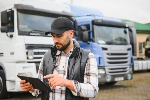 Roanoke Semi-Truck Driver Using Digital Device Male truck driver using tablet with two semi trucks parked behind him