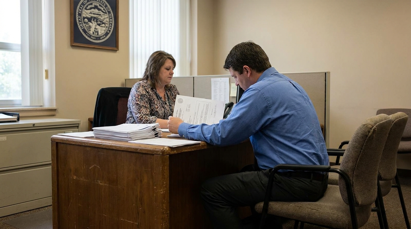 Nebraska License Points Revocation DMV Record People descending courthouse steps beside columns and flagpoles outside civic building