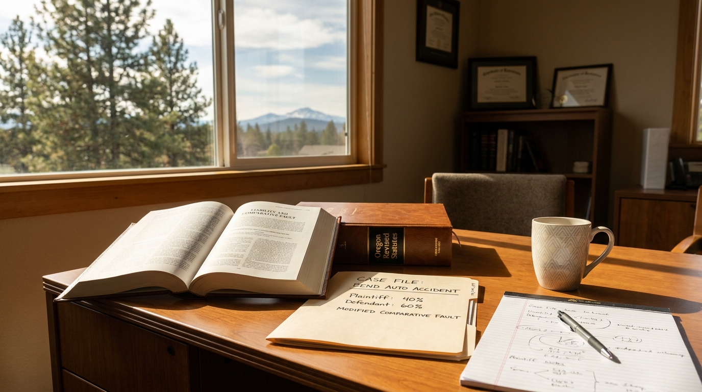 Open law book, case file folder, and notes on attorney office desk