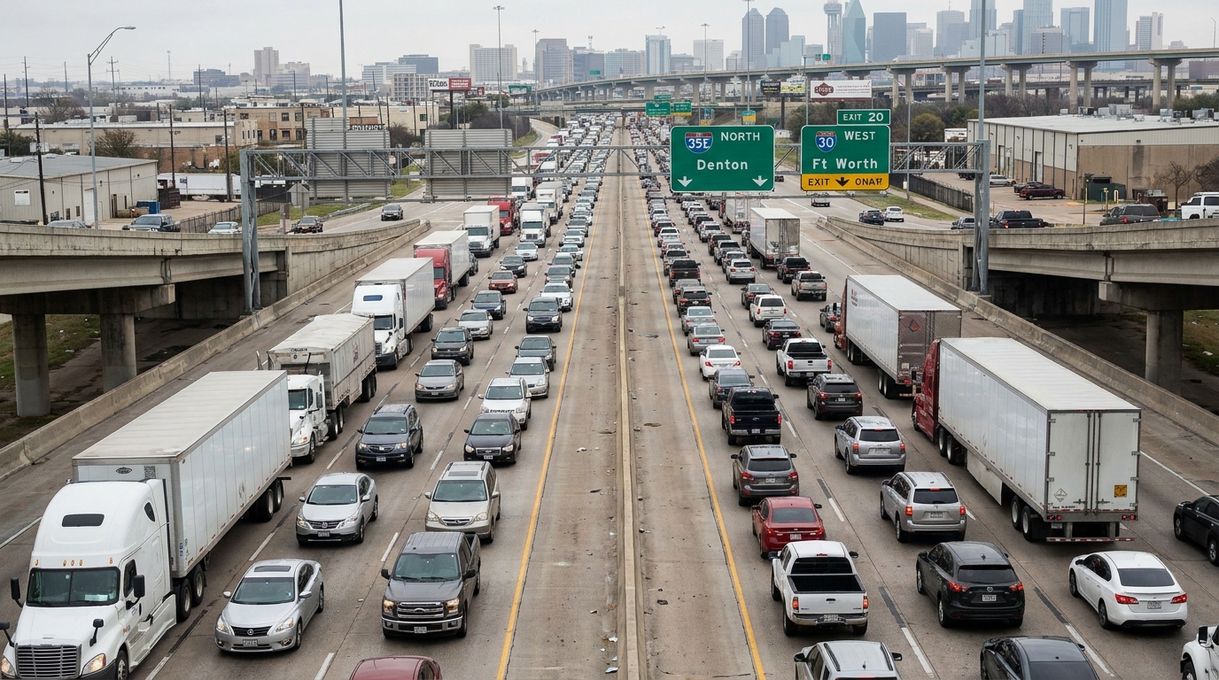 Deadly 18-Wheeler Crash Scene Dallas Texas Heavy traffic and semi trucks beneath I-35E and Fort Worth highway signs