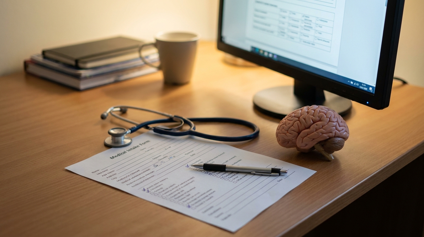 Medical intake form, stethoscope, pen, and brain model on office desk