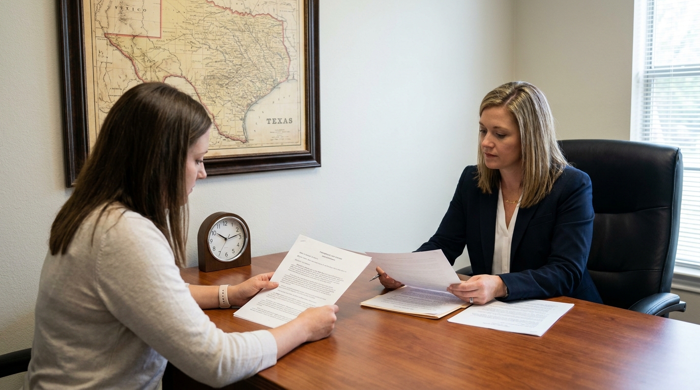 San Antonio Car Accident Statute of Limitations Two-Year Deadline Attorney and client reviewing printed documents at desk beneath framed Texas map