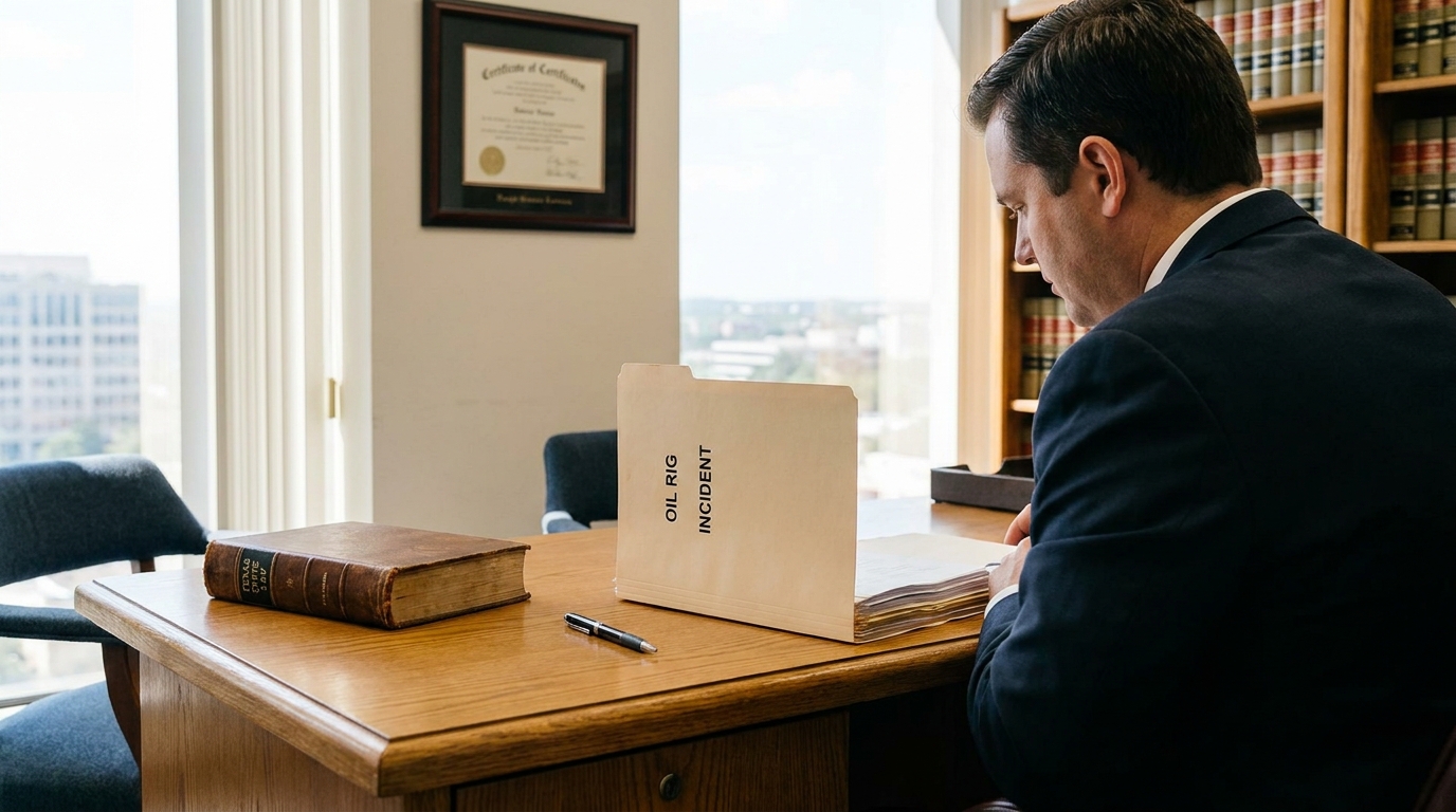 Wrongful Death Oil Rig Claim Midland-Odessa Texas Attorney reviewing Oil Rig Incident case file at desk with law books