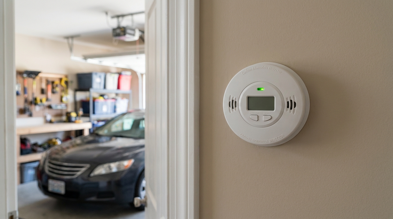 Fatal Carbon Monoxide Poisoning Running Car Garage San Antonio Carbon monoxide detector mounted near doorway with car visible inside residential garage