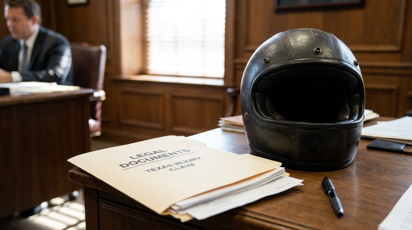 Texas Motorcycle Helmet Law Injury Claim San Antonio Motorcycle helmet beside legal documents labeled Texas injury claim on office desk