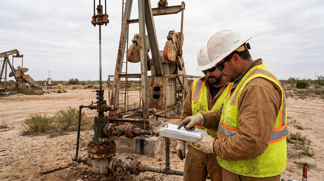 Aging Permian Basin Well Hazards Midland-Odessa Texas 2026 Oil field workers in hard hats reviewing clipboard beside pumpjack equipment