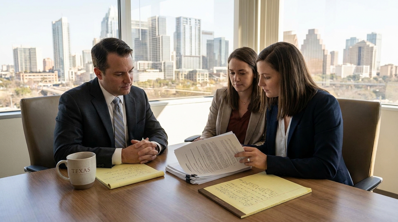 San Antonio Bodily Injury Settlement Factors Car Accident Three professionals reviewing legal documents at conference table with city skyline view