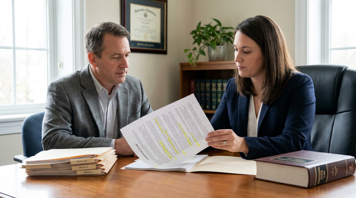 Attorney and client reviewing highlighted legal document at office conference table