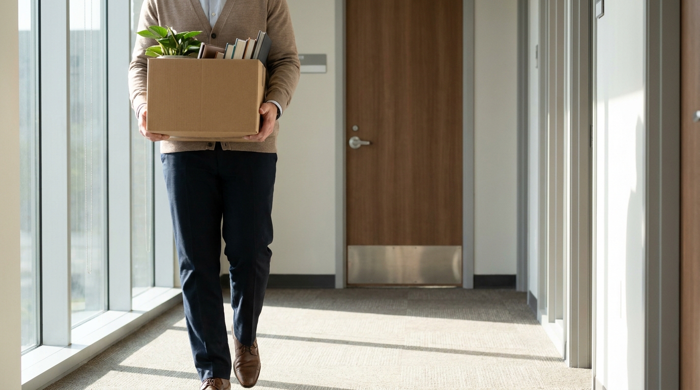 Constructive Dismissal California Employee Rights Los Angeles Person carrying cardboard box with books and plant through office hallway