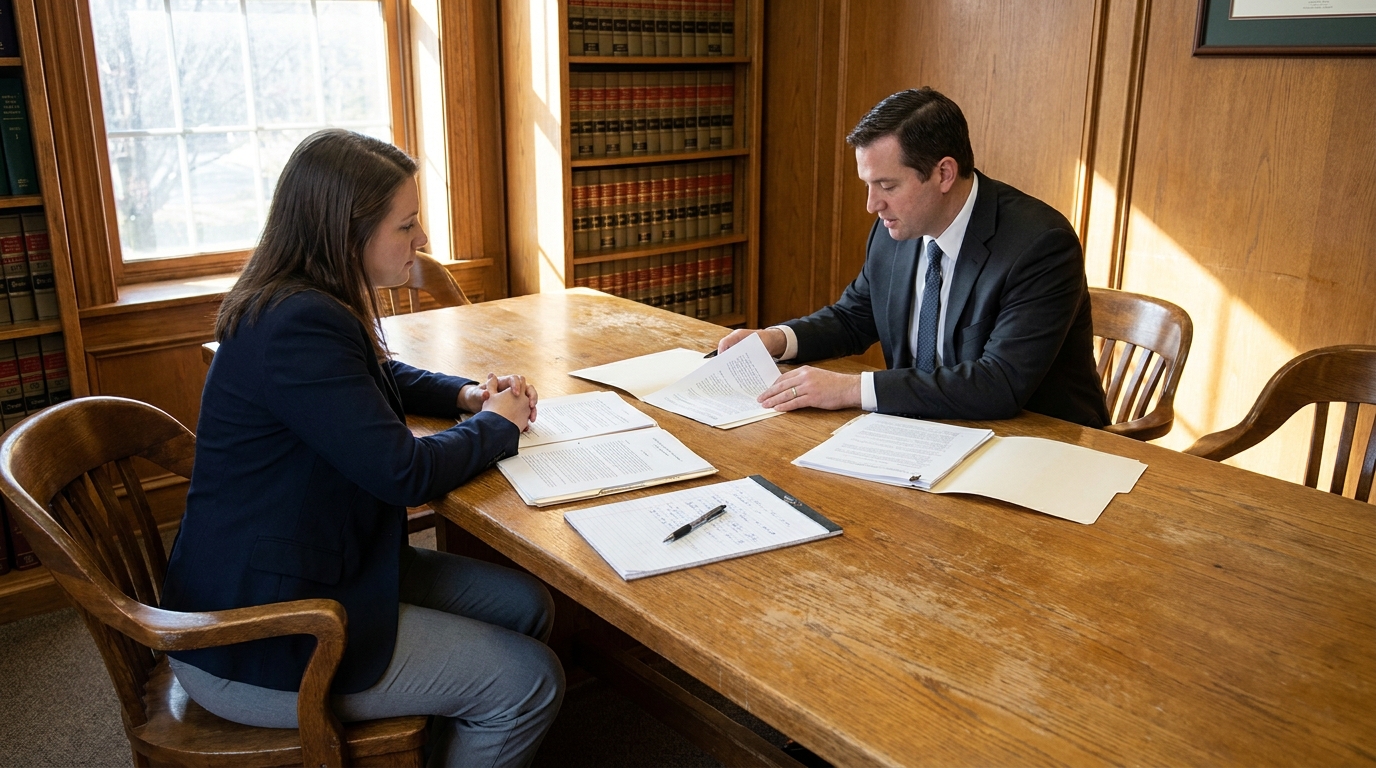 Attorney reviewing documents with client at conference table in law office