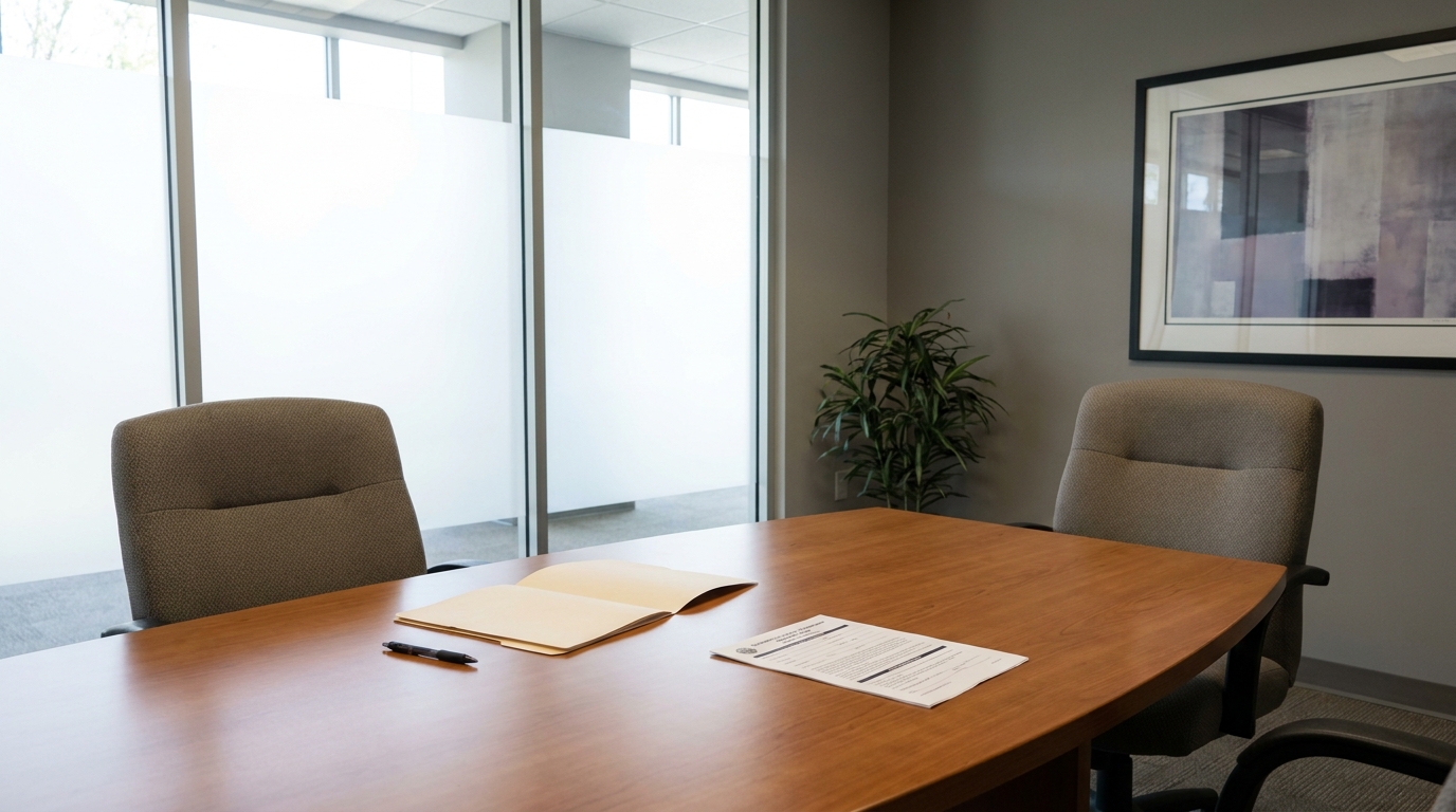 Supervisor Harassment Employee Rights Redondo Beach California Conference table with office chairs, open folder, pen, and document in meeting room