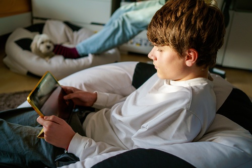 Teen Boy at Computer Roblox Sextortion Risk Madison WI Teenage boy writing in notebook at desk while doing school homework