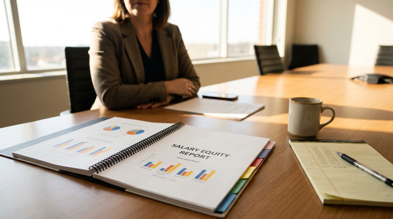 California CRD Pay Data Report Deadline May 2026 Salary Equity Report binder on conference table with charts, notepad, and attorney