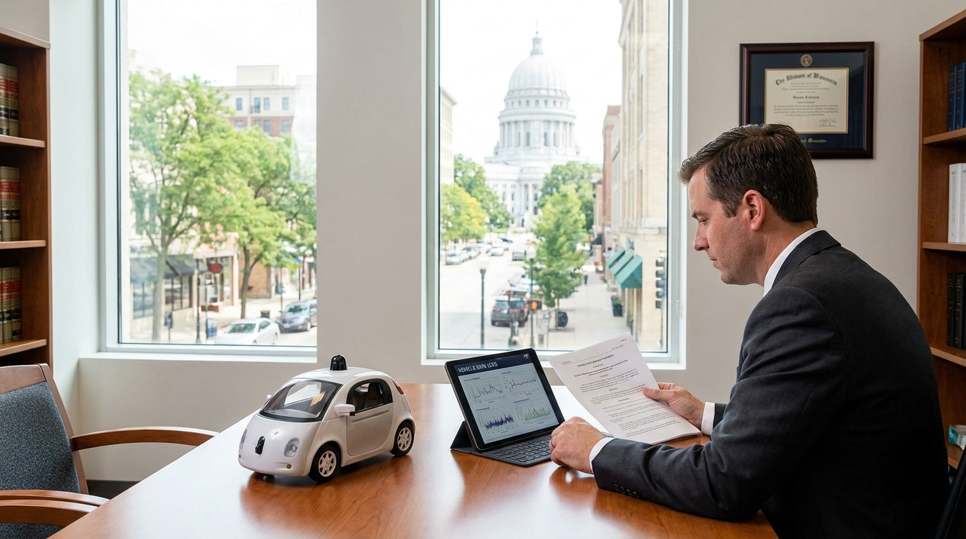 Self-Driving Car Accident Liability Madison WI Close-up of eyeglasses resting on open law book pages