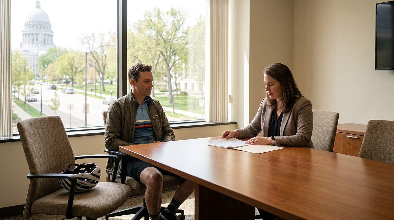 Injured Cyclist After Bicycle Accident in Madison WI Attorney reviewing documents with seated client in conference room near large window