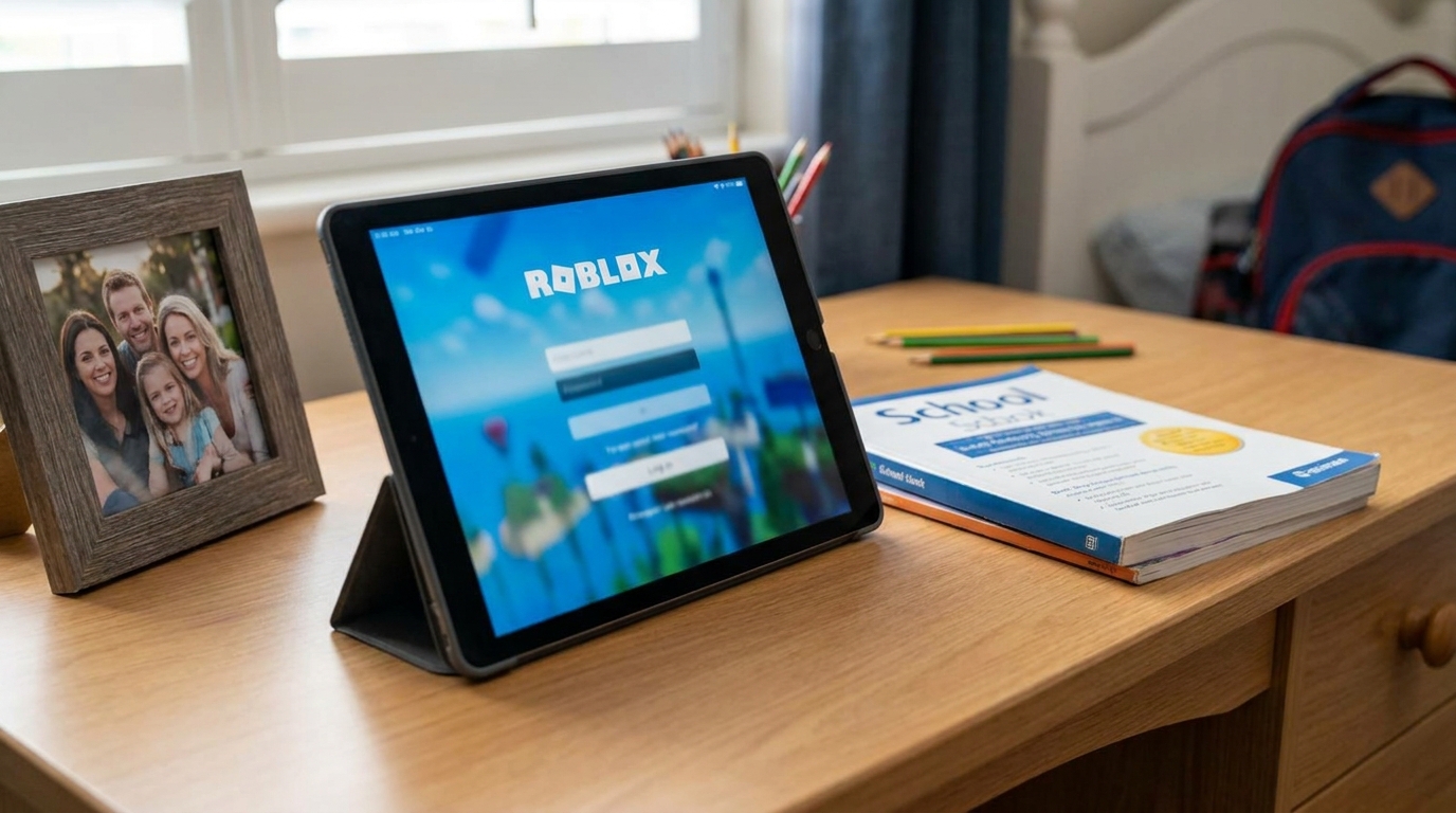 Roblox Sexual Abuse MDL Lawsuit Madison WI Families Tablet displaying Roblox login screen on desk beside schoolbook and framed family photo