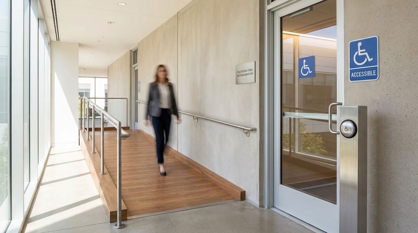 California FEHA Disability Rights Redondo Beach Employee Accessible entrance door with wheelchair signs, ramp, handrails, and woman walking hallway