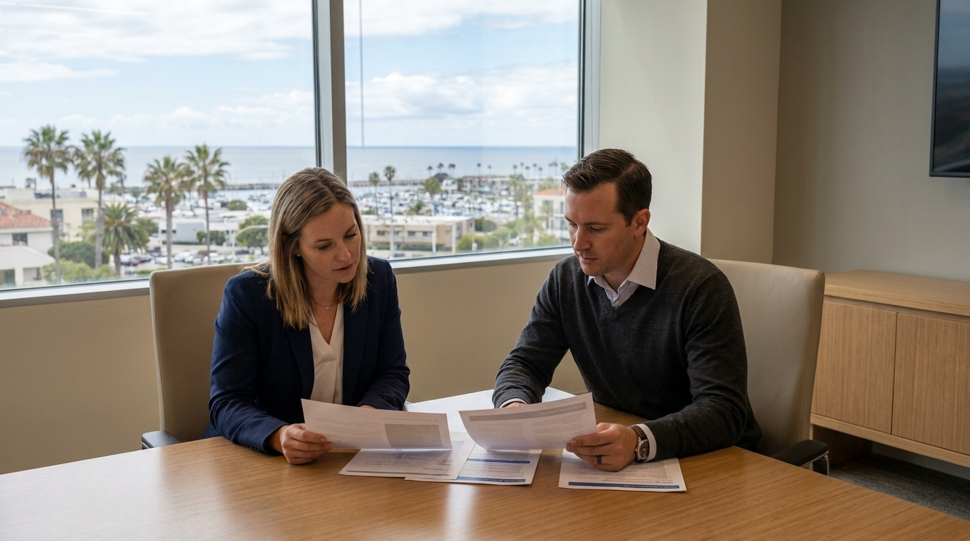 Redondo Beach Worker Proving Workplace Retaliation Evidence Two professionals reviewing printed documents at conference table beside large office windows