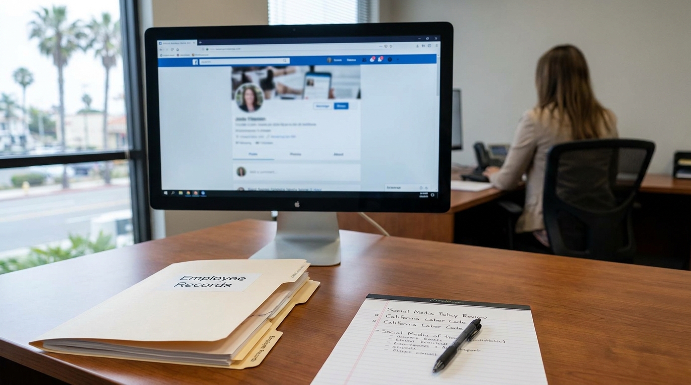 Fired for Social Media Post Wrongful Termination Redondo Beach Employee records folder beside desktop monitor displaying social media profile in office