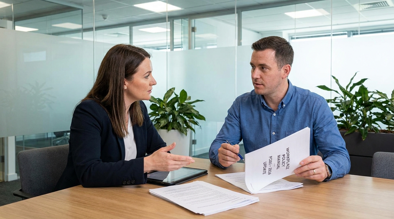 California Worker EEOC Harassment Rights Redondo Beach Two professionals discussing workplace policy update document across office meeting table